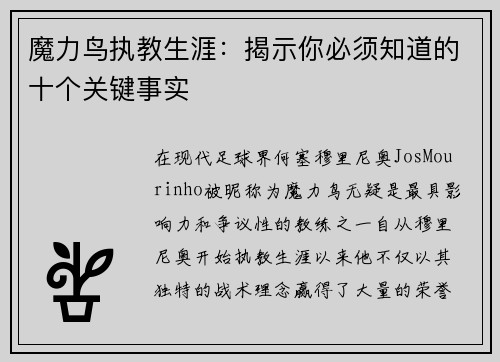 魔力鸟执教生涯：揭示你必须知道的十个关键事实